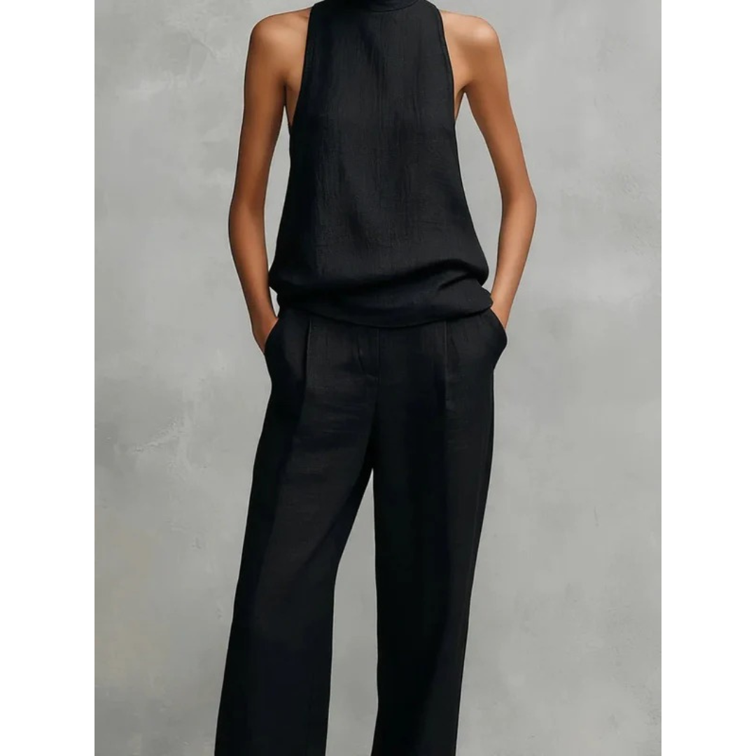 Two-Piece Set Women Elegant Halter Neck Top & Wide-Leg Pants - Image 2