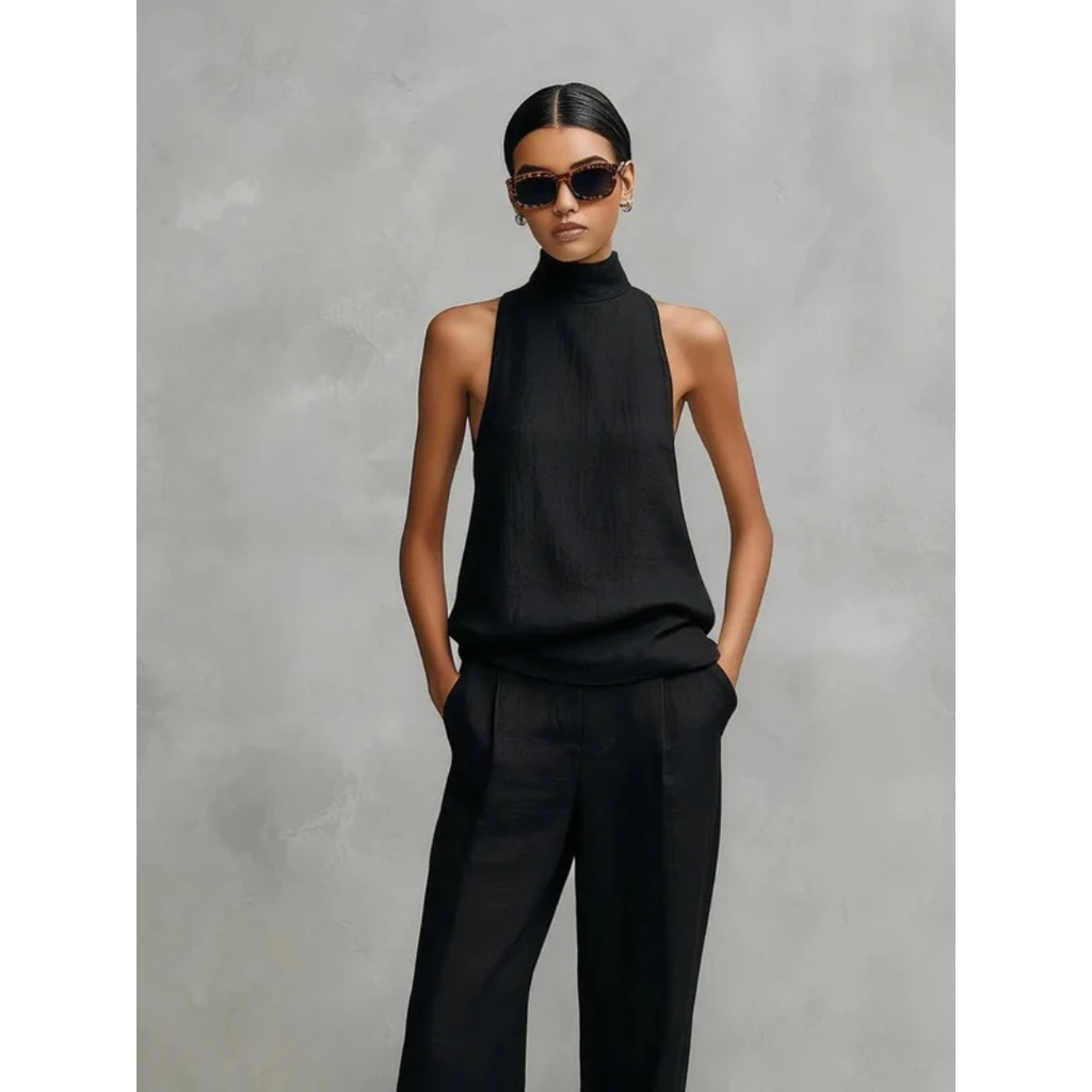 Two-Piece Set Women Elegant Halter Neck Top & Wide-Leg Pants - Image 3