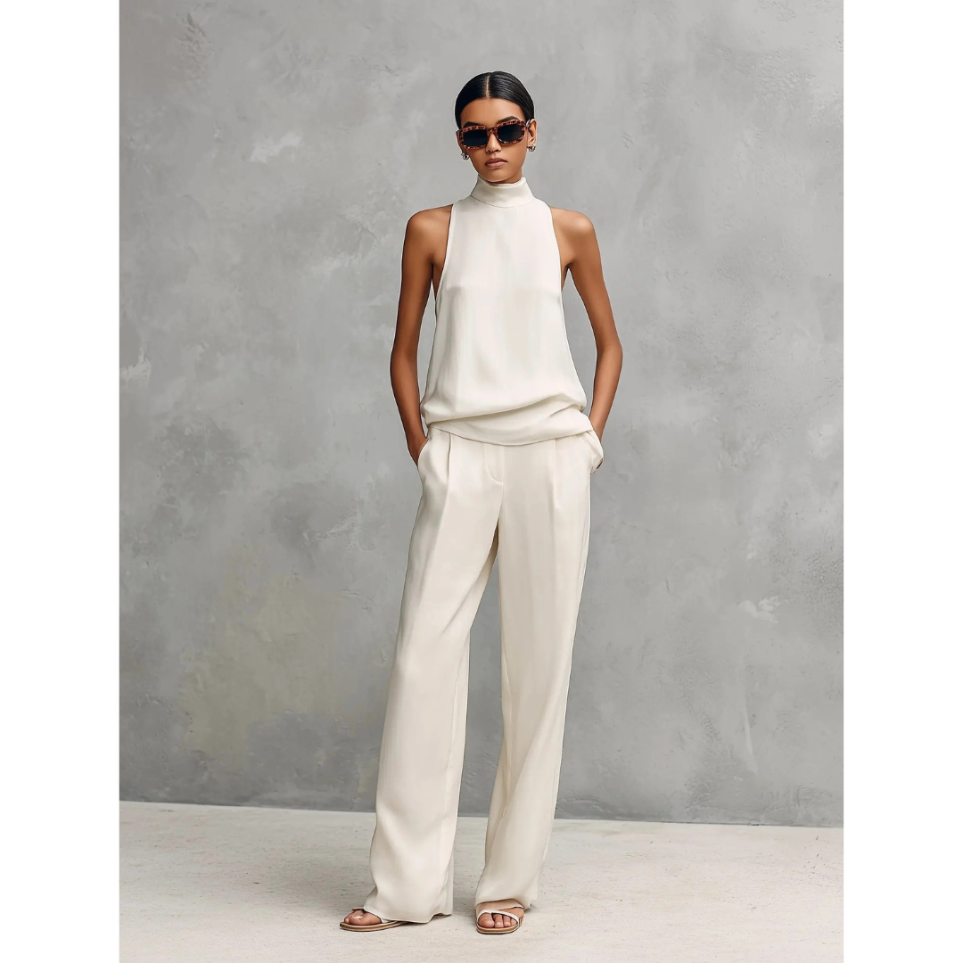 Two-Piece Set Women Elegant Halter Neck Top & Wide-Leg Pants - Image 5