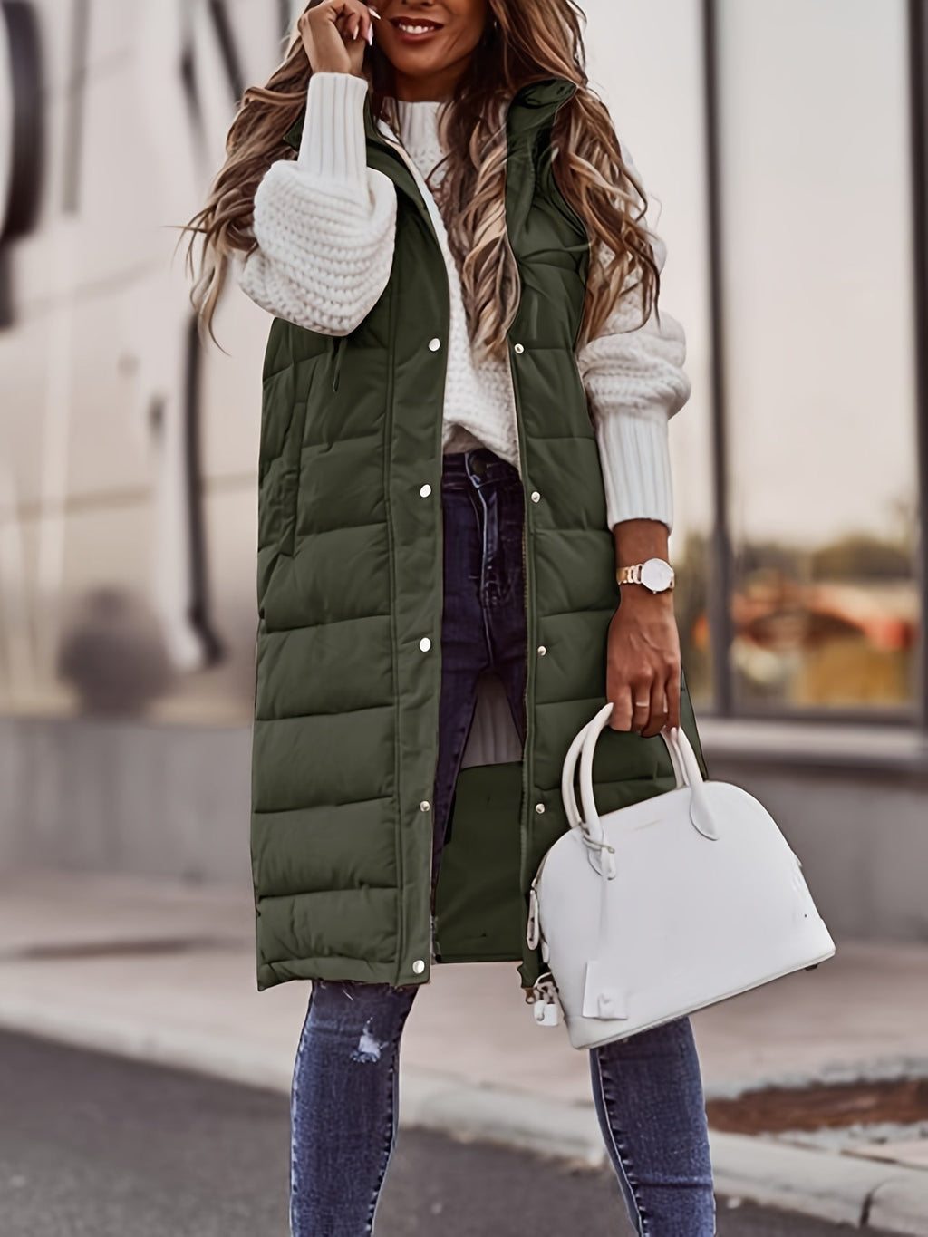 Longline Puffer Jacket Women's with Hood and Snap Closure - Image 2