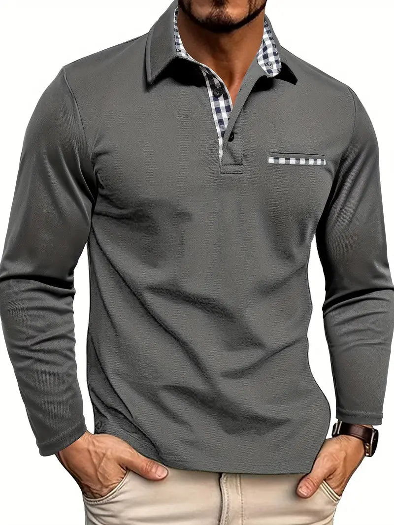 Men's Long-Sleeved Polo Shirt with Checkered Collar and Pocket - J&B; - 1 - Elvaroza.com