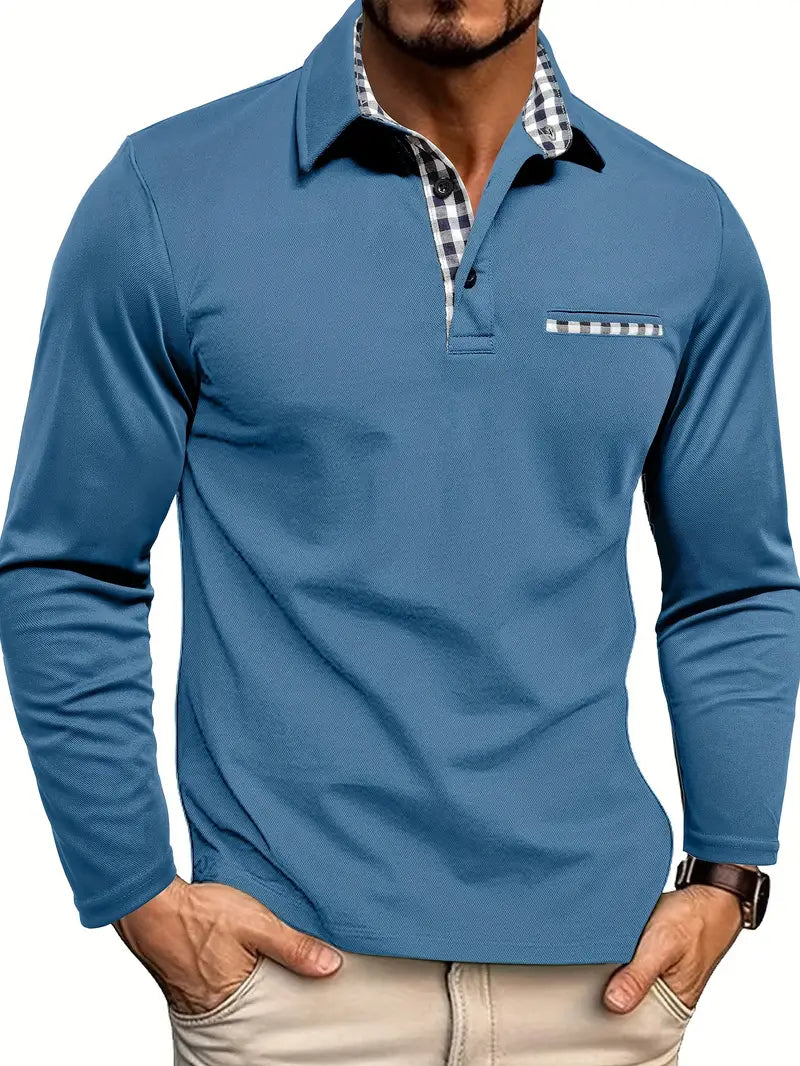 Men's Long-Sleeved Polo Shirt with Checkered Collar and Pocket - J&B; - 4 - Elvaroza.com