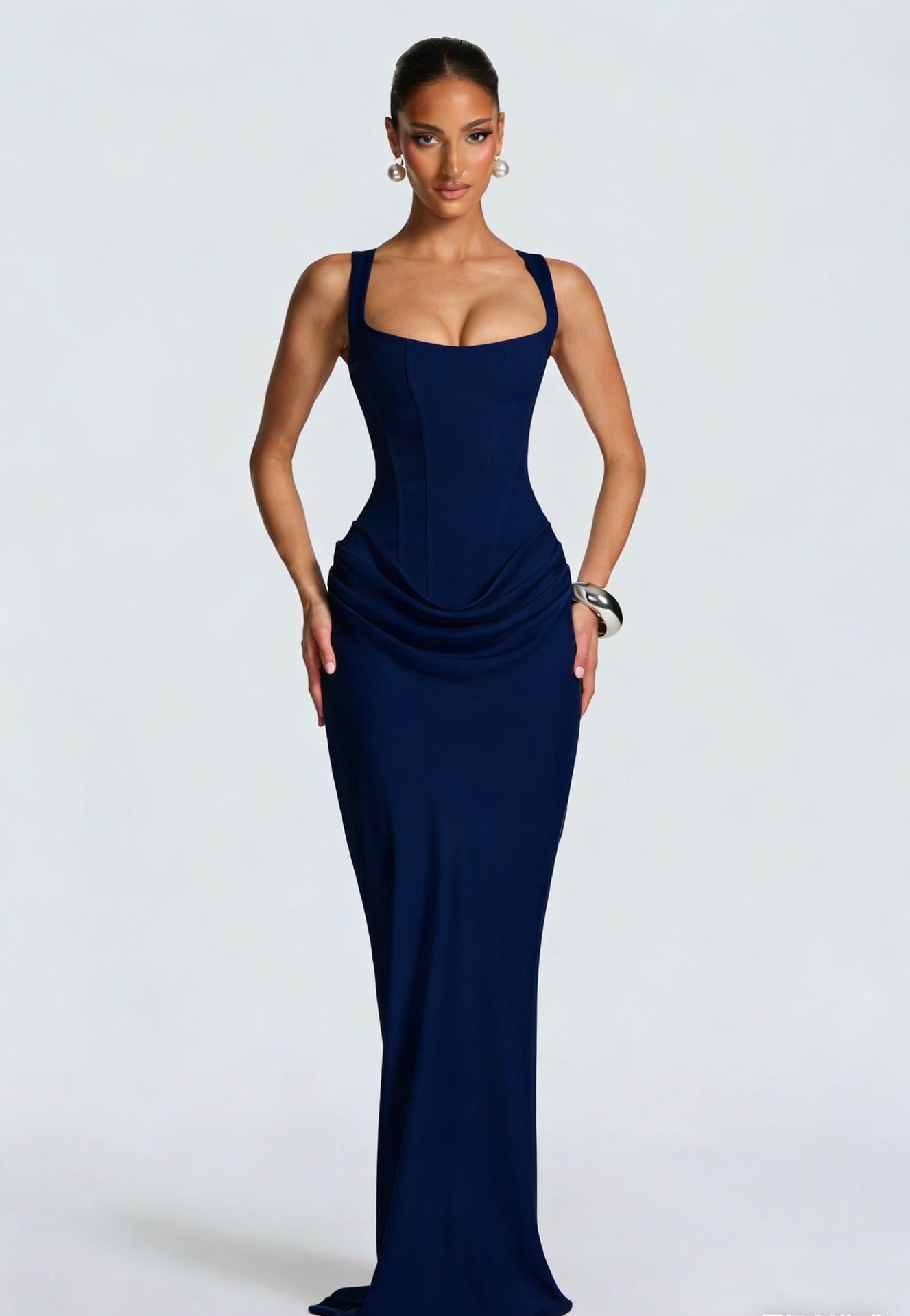 Elegant Women's Maxi Dress with Square Neckline and Draped Detail - Image 7