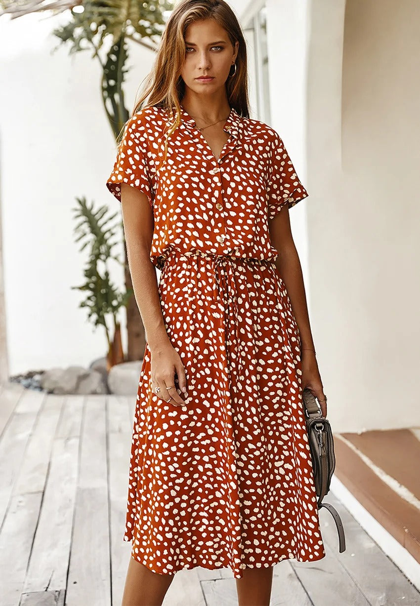 Midi Dress Women with Button Front and Flattering Drawstring Waist - Image 1