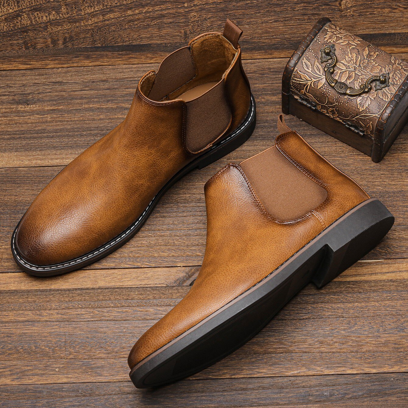 Men's Brown Chelsea Boots with Elastic Inserts - J&B; - 2 - Elvaroza.com