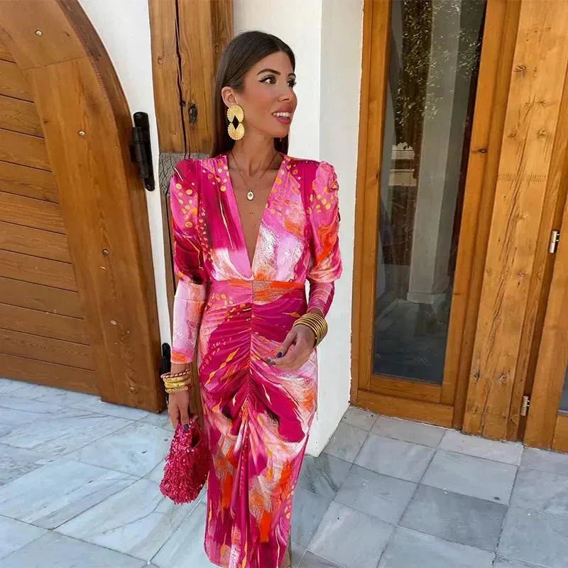 Grace – Pleated Print Long Sleeve Dress - Image 3