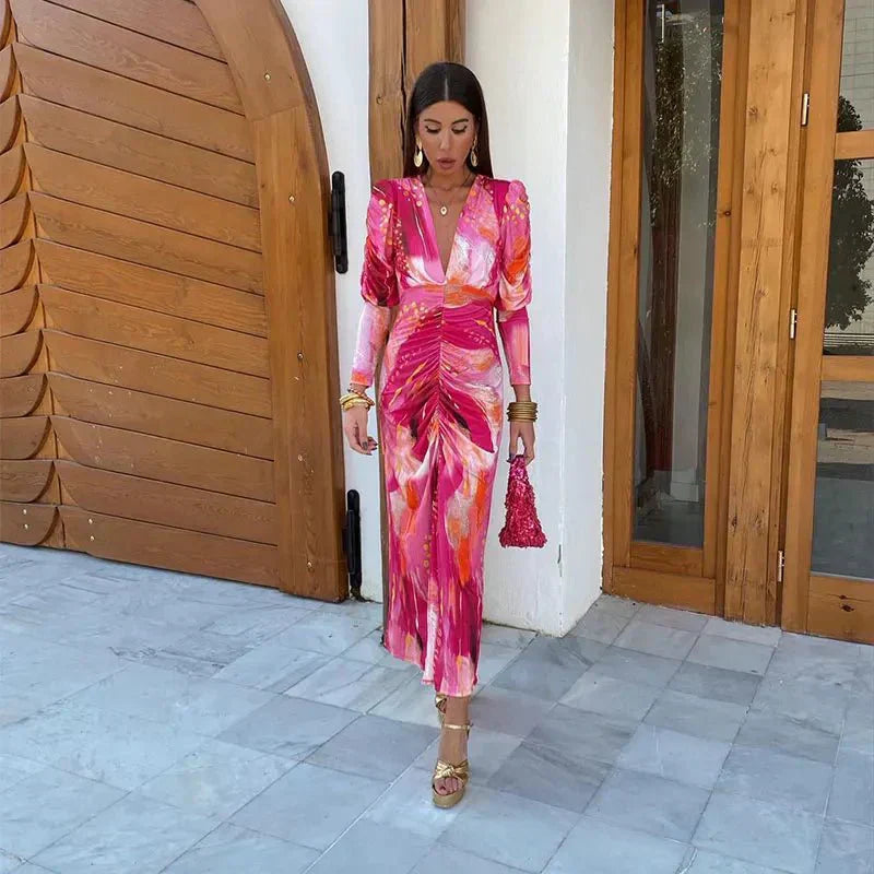 Grace – Pleated Print Long Sleeve Dress - Image 4