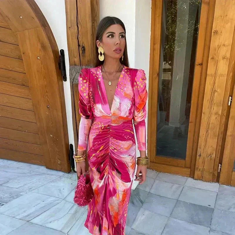 Grace – Pleated Print Long Sleeve Dress - Image 1