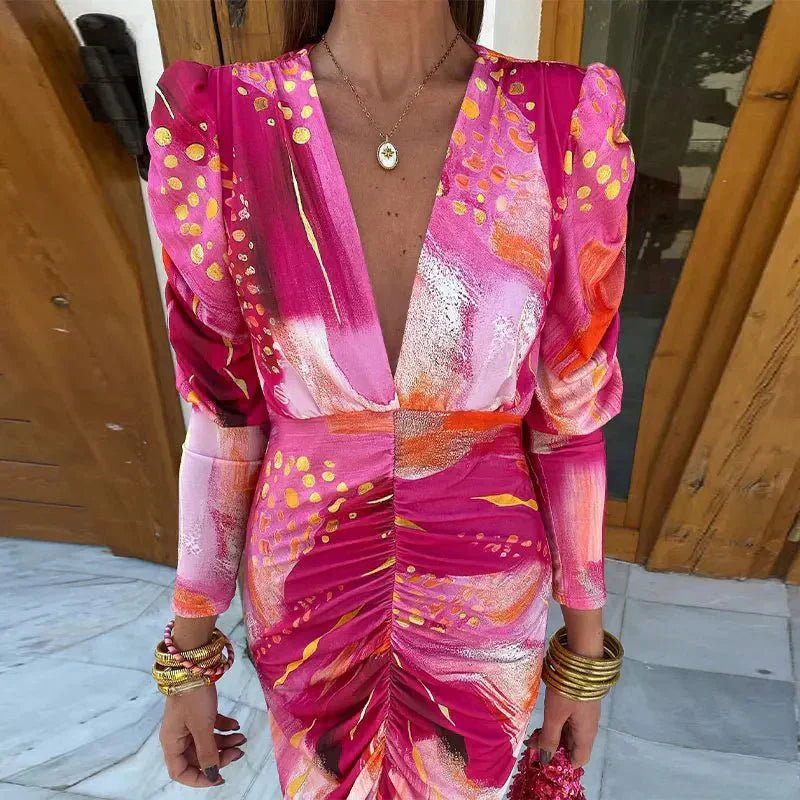 Grace – Pleated Print Long Sleeve Dress - Image 2