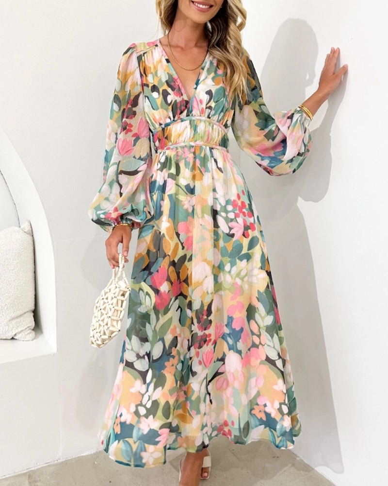 Andrea – Women Print V-Neck Long Sleeve Dress - Image 2