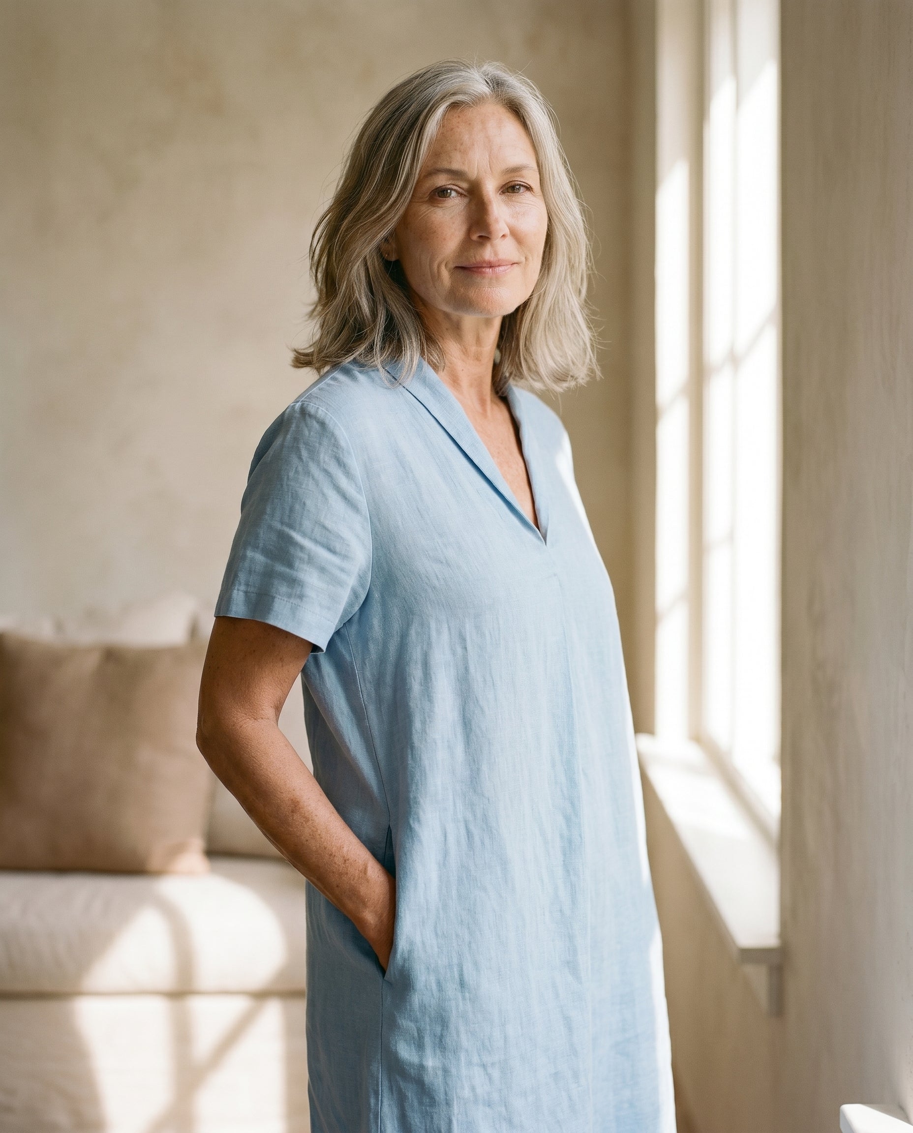 Woman wearing the Cornelia casual V-neck dress in a warm sunlit interior