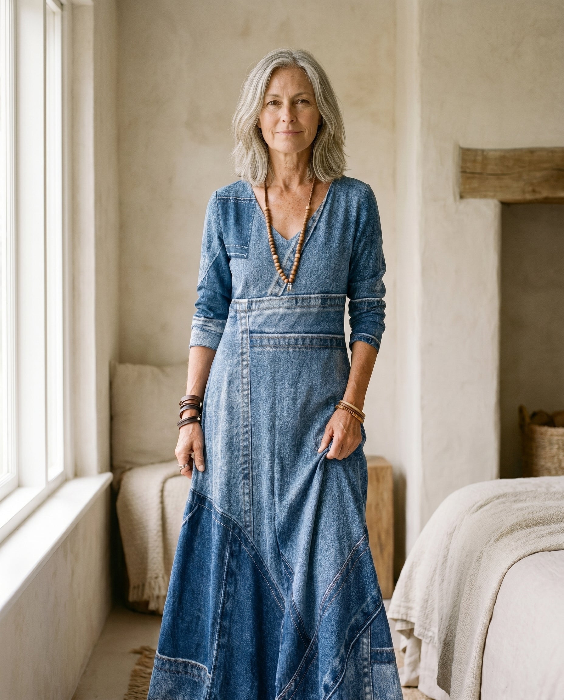 Woman wearing the Yvonne boho-style maxi dress in warm natural light
