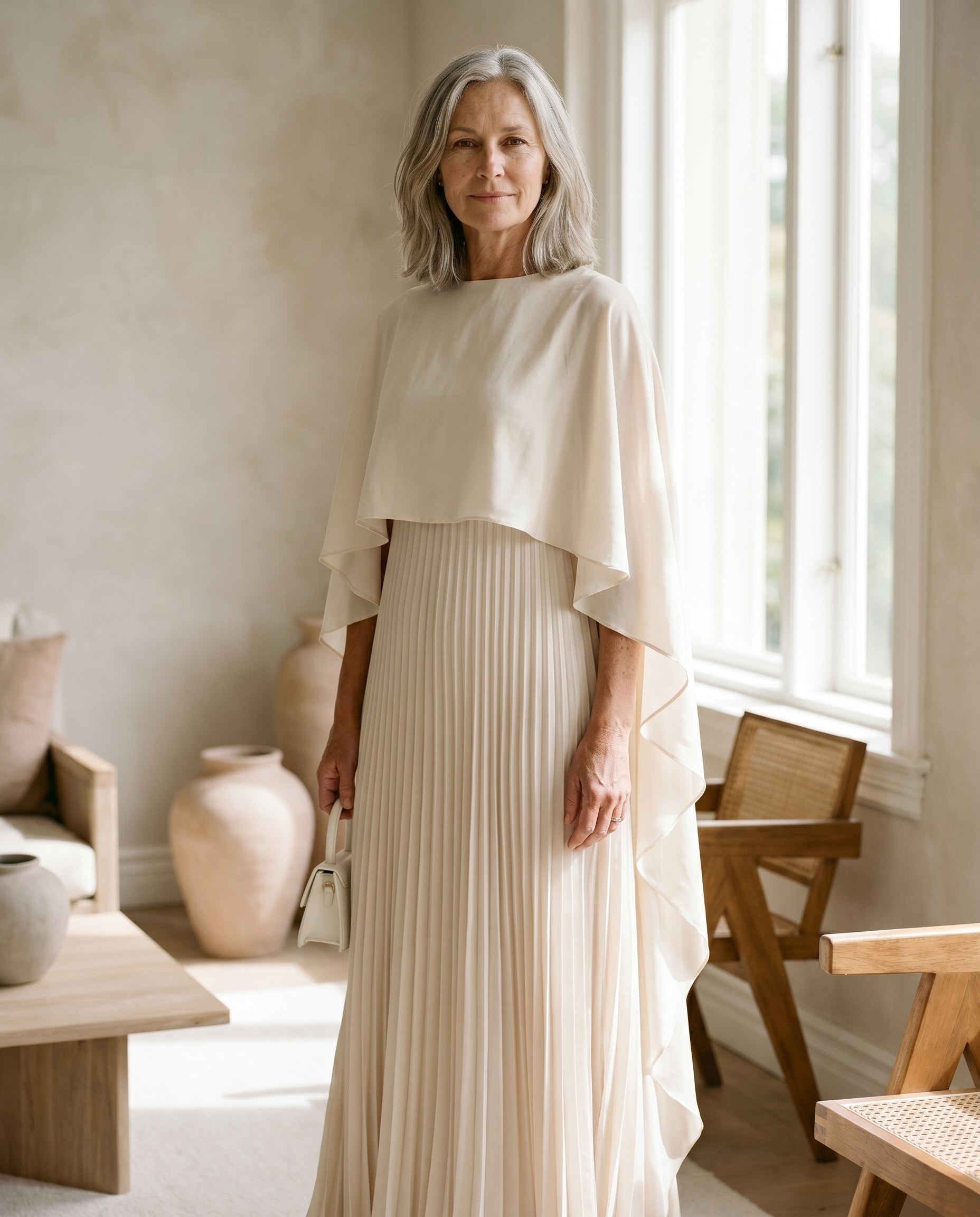 Woman wearing the Anna elegant pleated chiffon dress in soft natural light