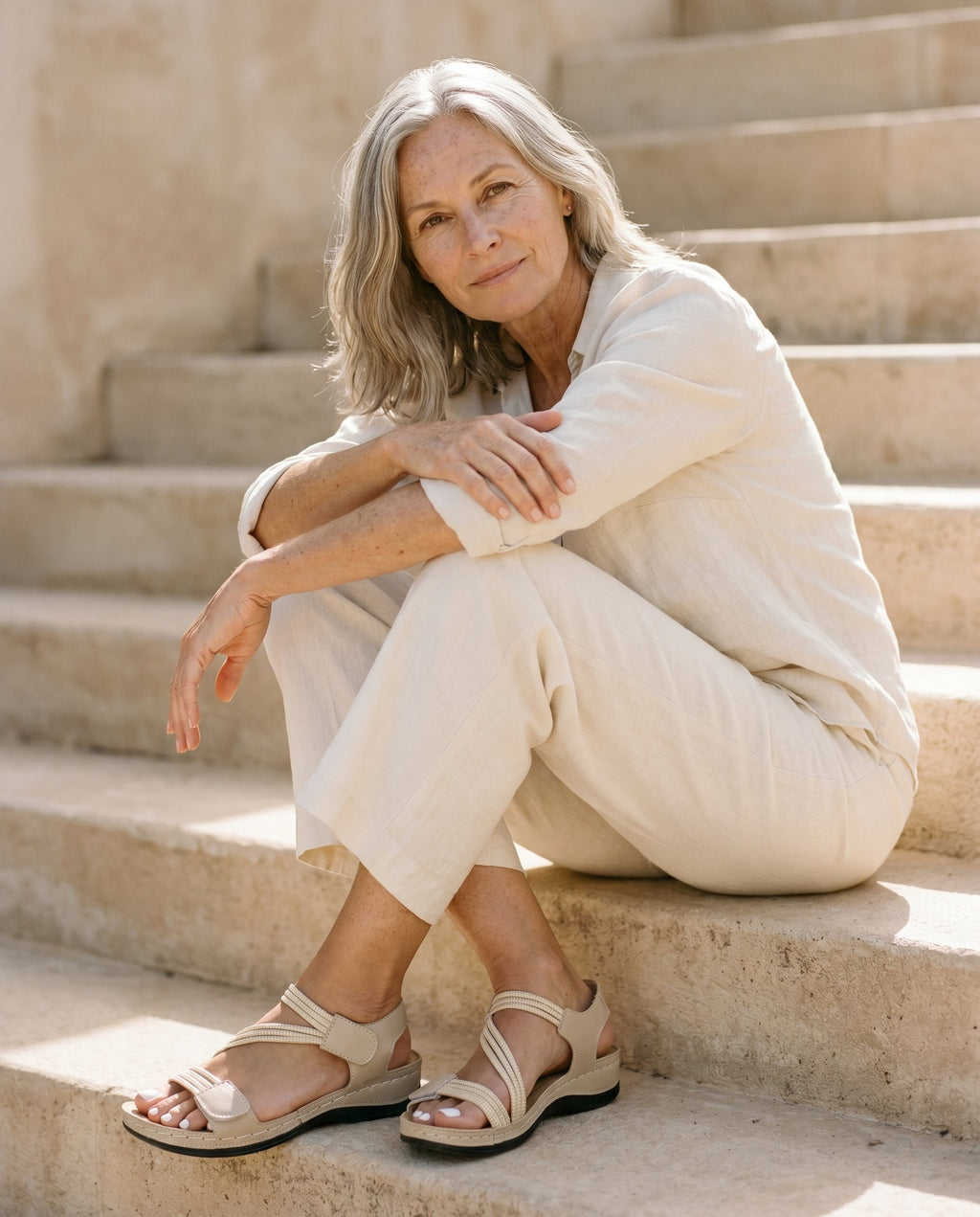 Woman wearing the Annika comfortable casual sandals, seated in warm natural light