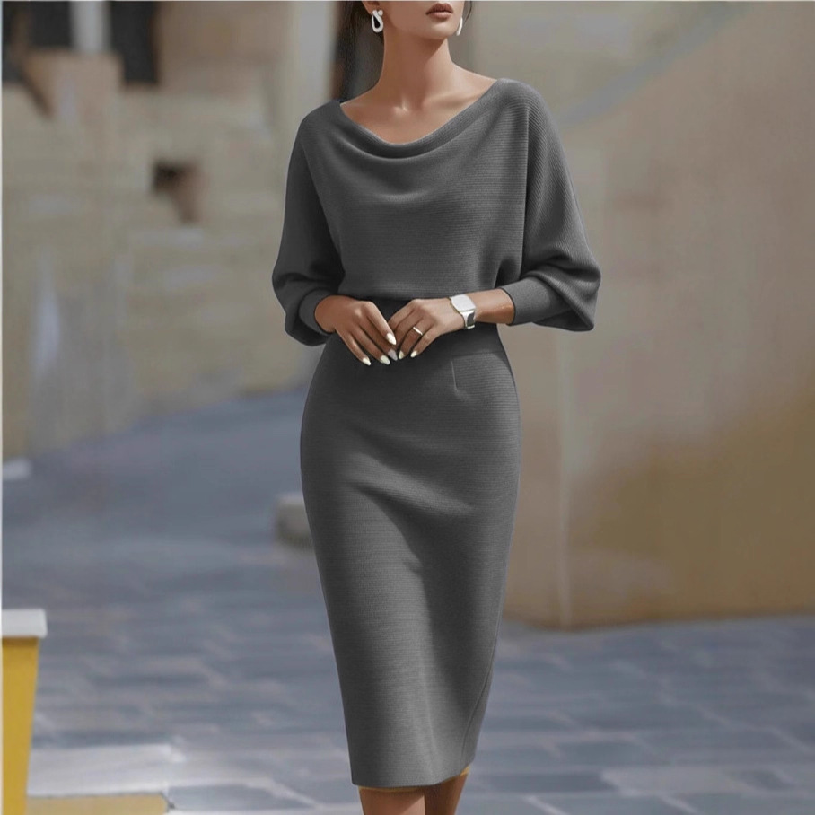 Helga – Draped Batwing Sleeves Dress - Image 7