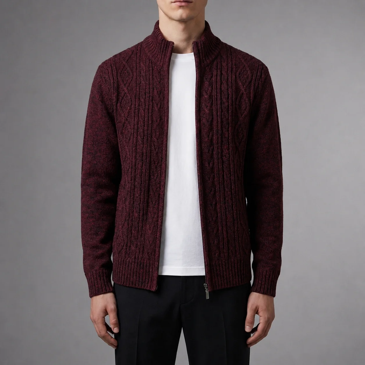 Men's Cable Knit Jacket with Stand-Up Collar | E&R - 4 - Elvaroza.com