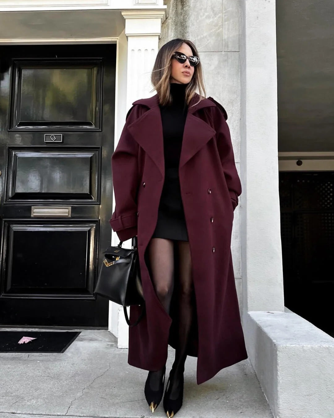 Long Women's Coat with Oversized Fit and Double-Breasted Closure | E&R - 4 - Elvaroza.com