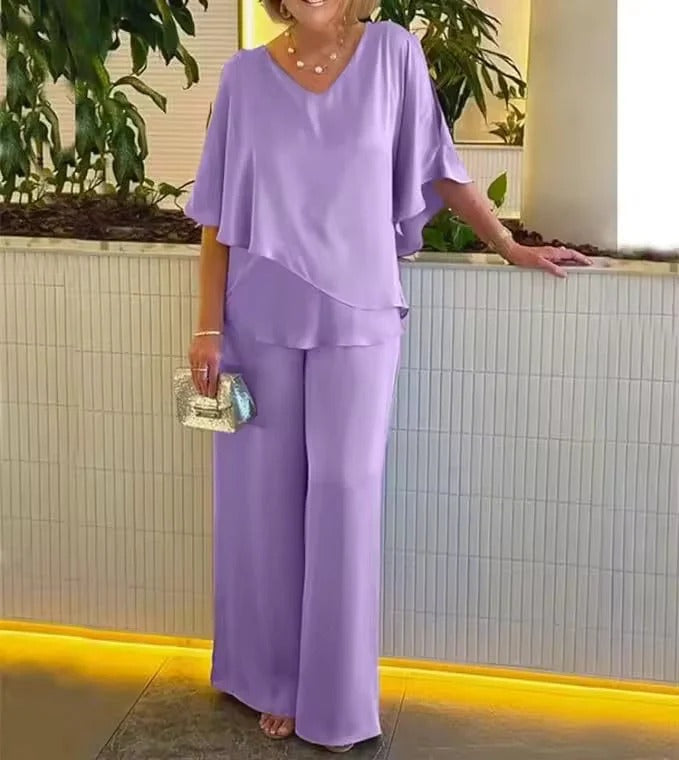 Women's Two-Piece Set with V-Neck and Flowy Design | E&R - 2 - Elvaroza.com