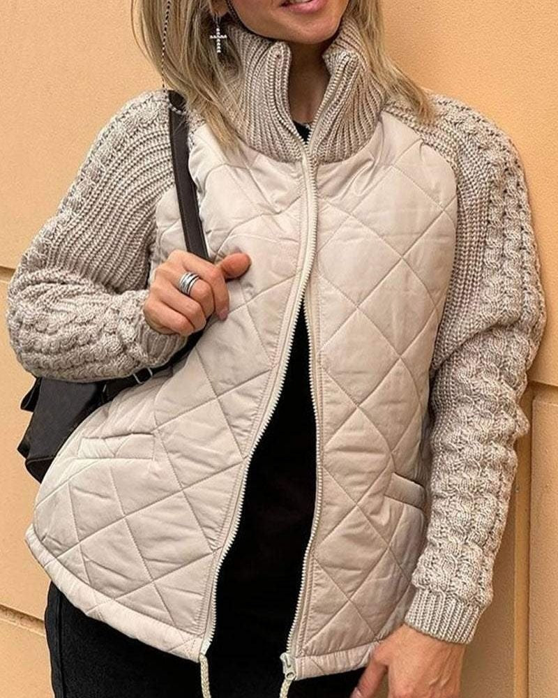 Women's Quilted Jacket with High Collar and Cozy Knit Sleeves | E&R - 1 - Elvaroza.com