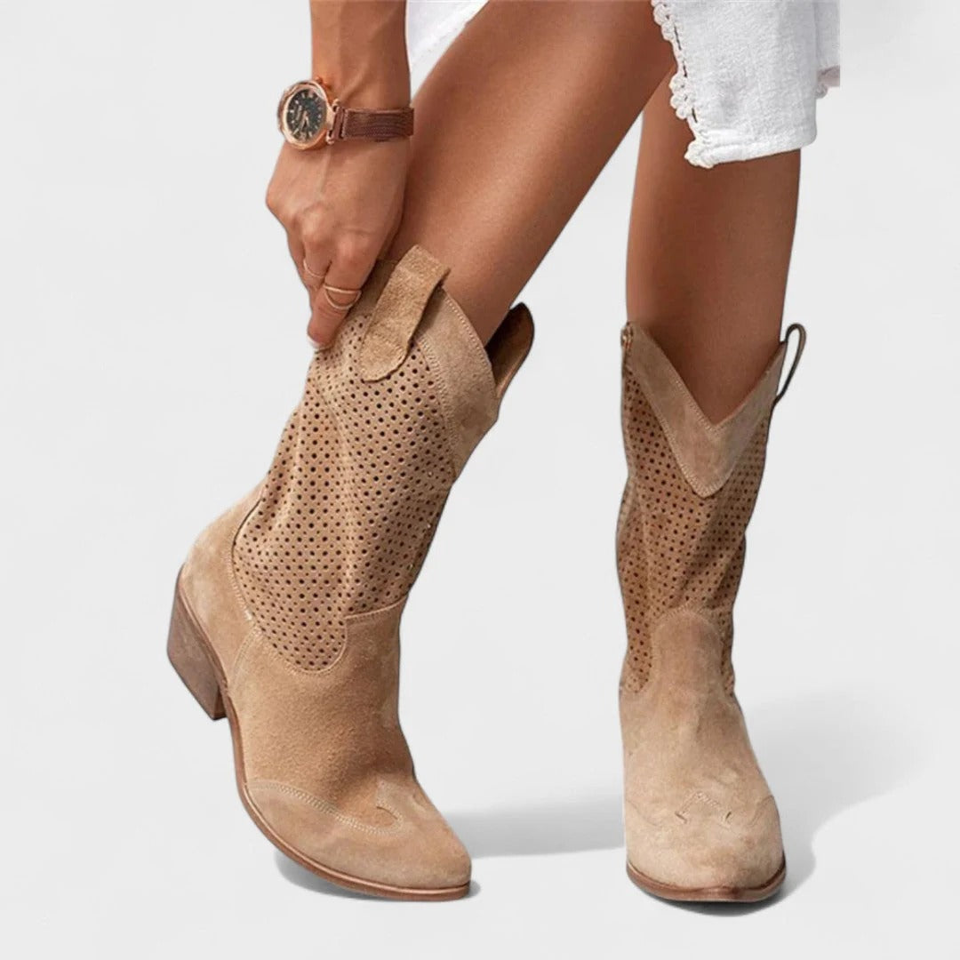 Western-style boots Women's with perforated design + block heel | E&R - 2 - Elvaroza.com
