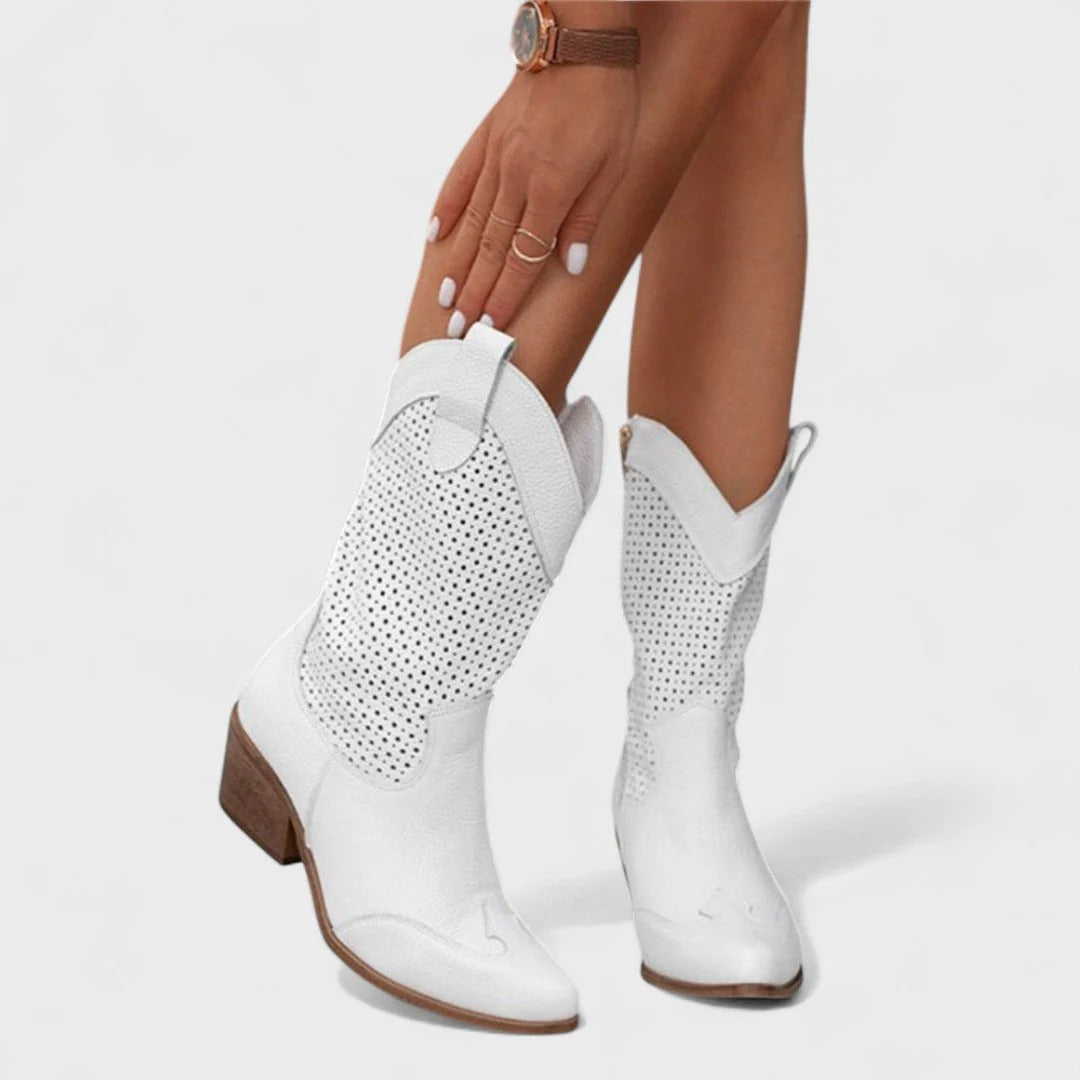 Western-style boots Women's with perforated design + block heel | E&R - 3 - Elvaroza.com