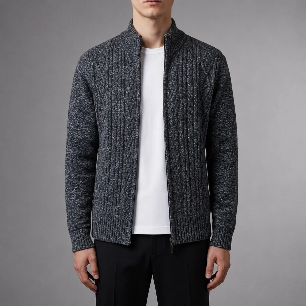 Men's Cable Knit Jacket with Stand-Up Collar | E&R - 3 - Elvaroza.com