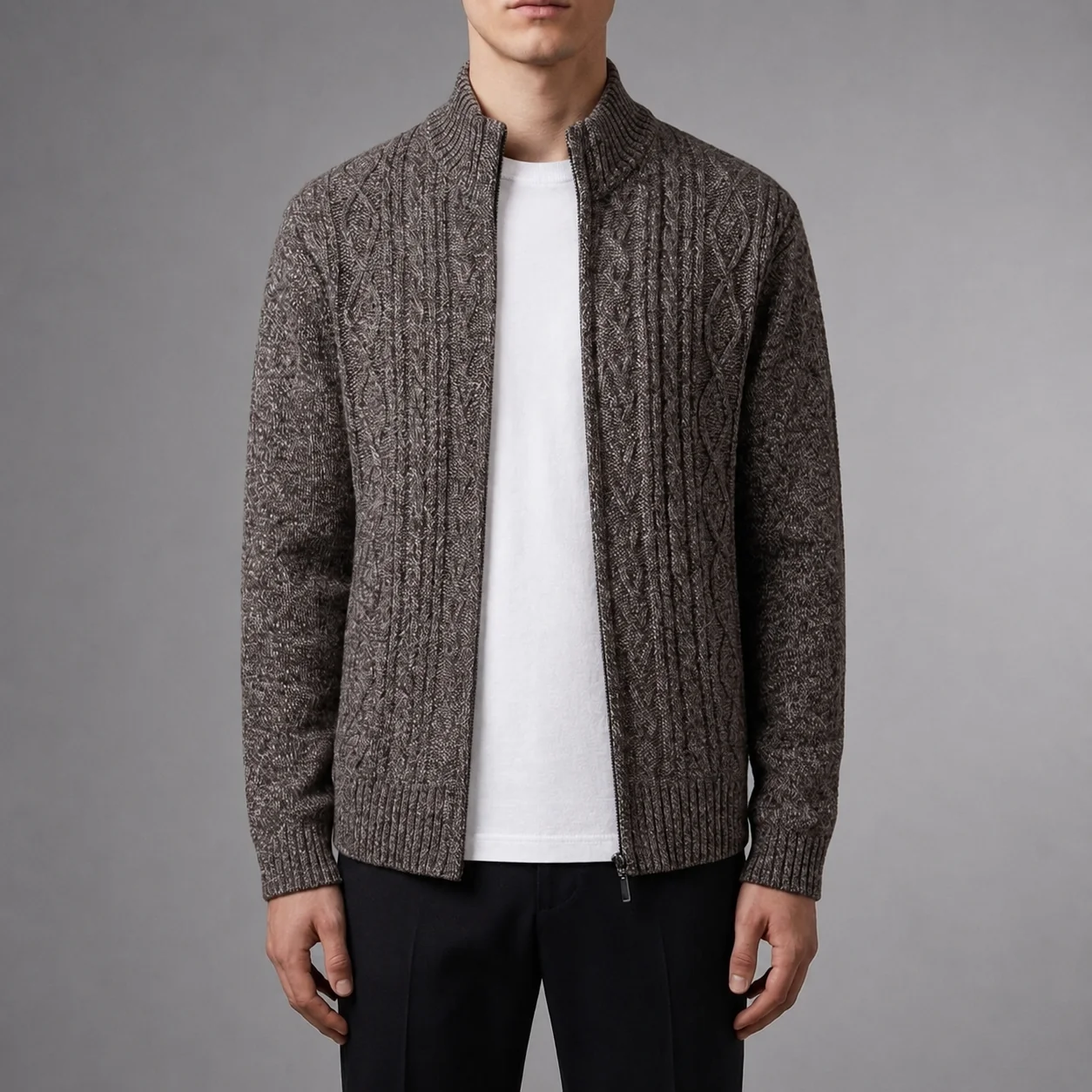 Men's Cable Knit Jacket with Stand-Up Collar | E&R - 2 - Elvaroza.com