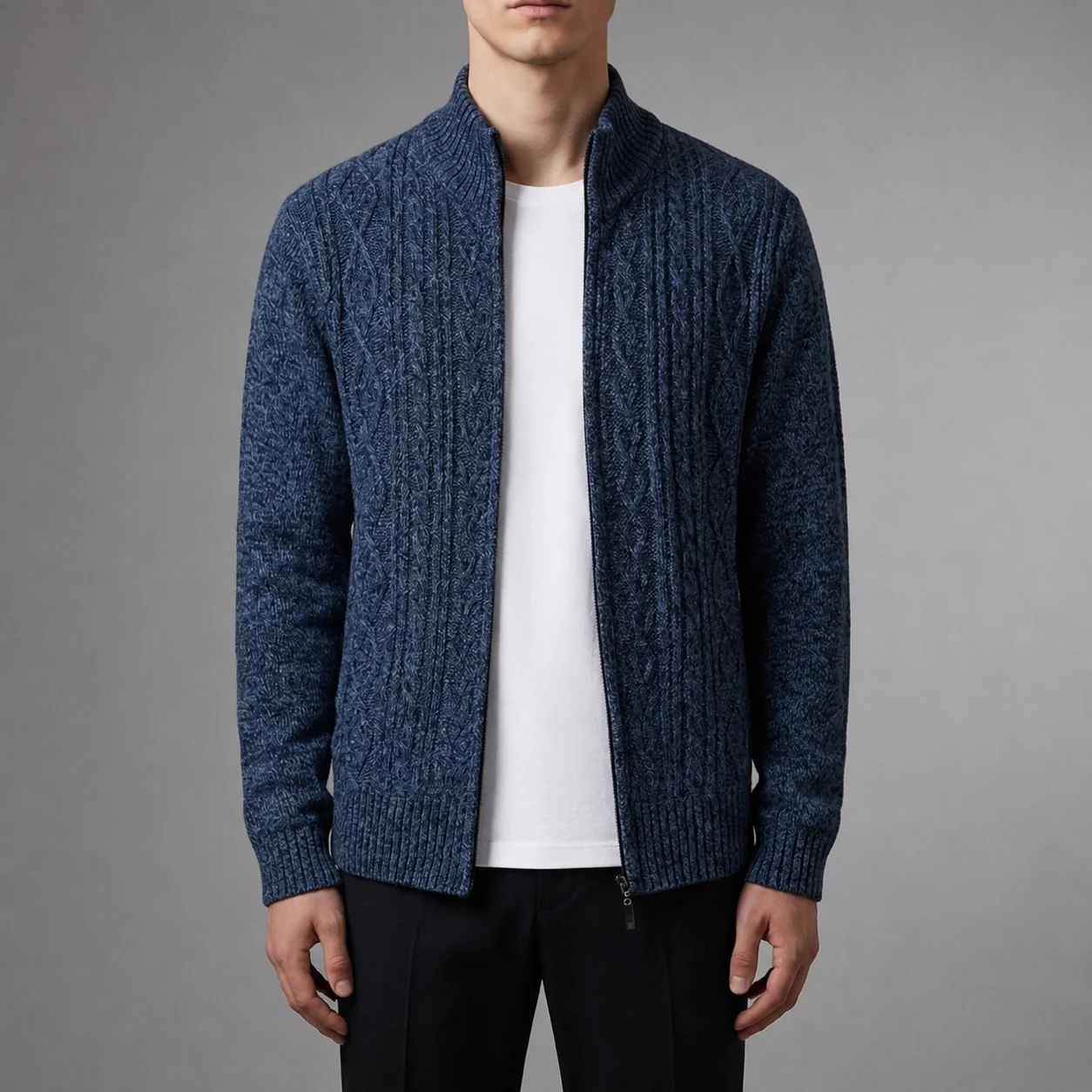 Men's Cable Knit Jacket with Stand-Up Collar | E&R - 1 - Elvaroza.com