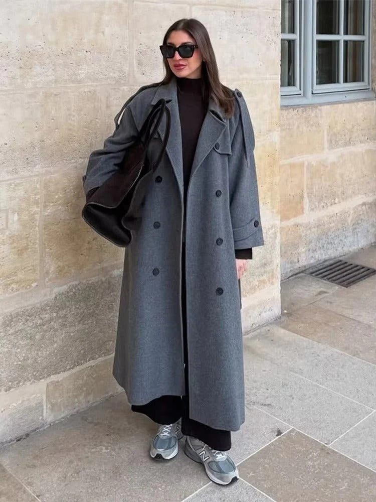 Long Women's Coat with Oversized Fit and Double-Breasted Closure | E&R - 3 - Elvaroza.com