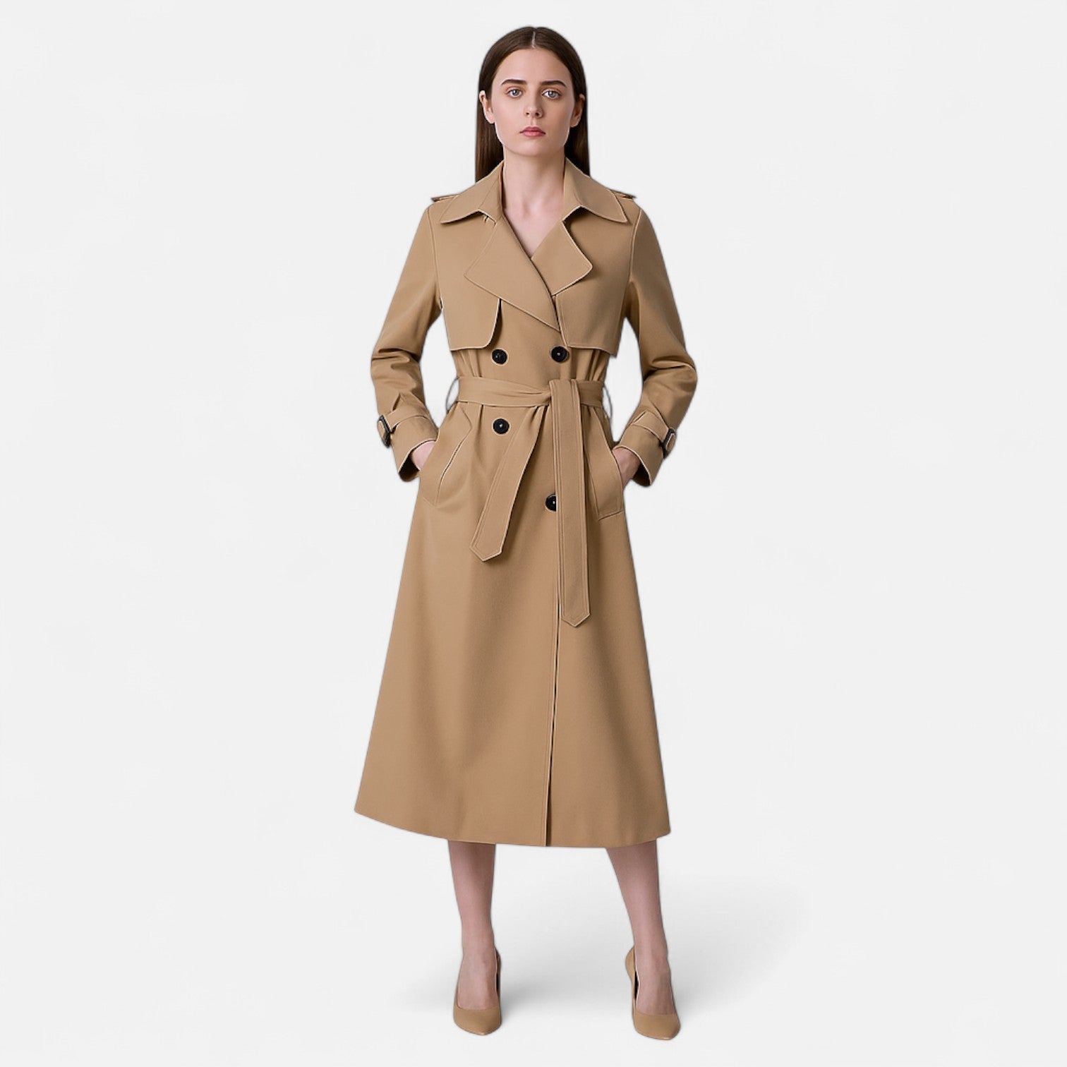 Long trench coat for women with a belt at the waist - J&B; - 2 - Elvaroza.com