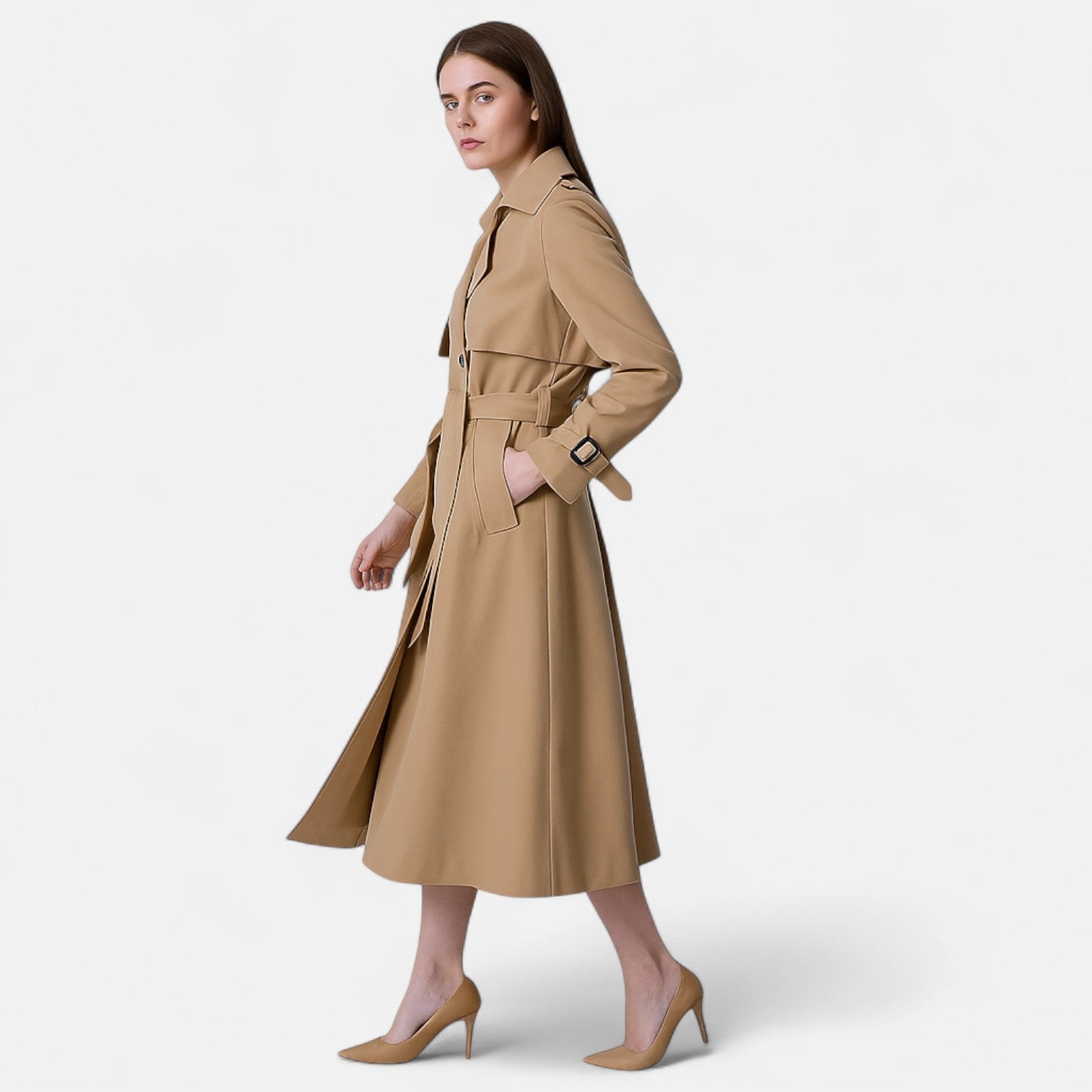 Long trench coat for women with a belt at the waist - J&B; - 3 - Elvaroza.com