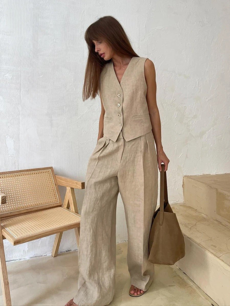 Stefanie – Women’s Chic Linen Vest and Trousers Set - Image 1