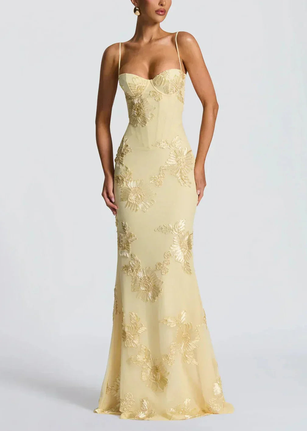 Frieda – Elegant Yellow Embroidery Evening Dress - Image 6