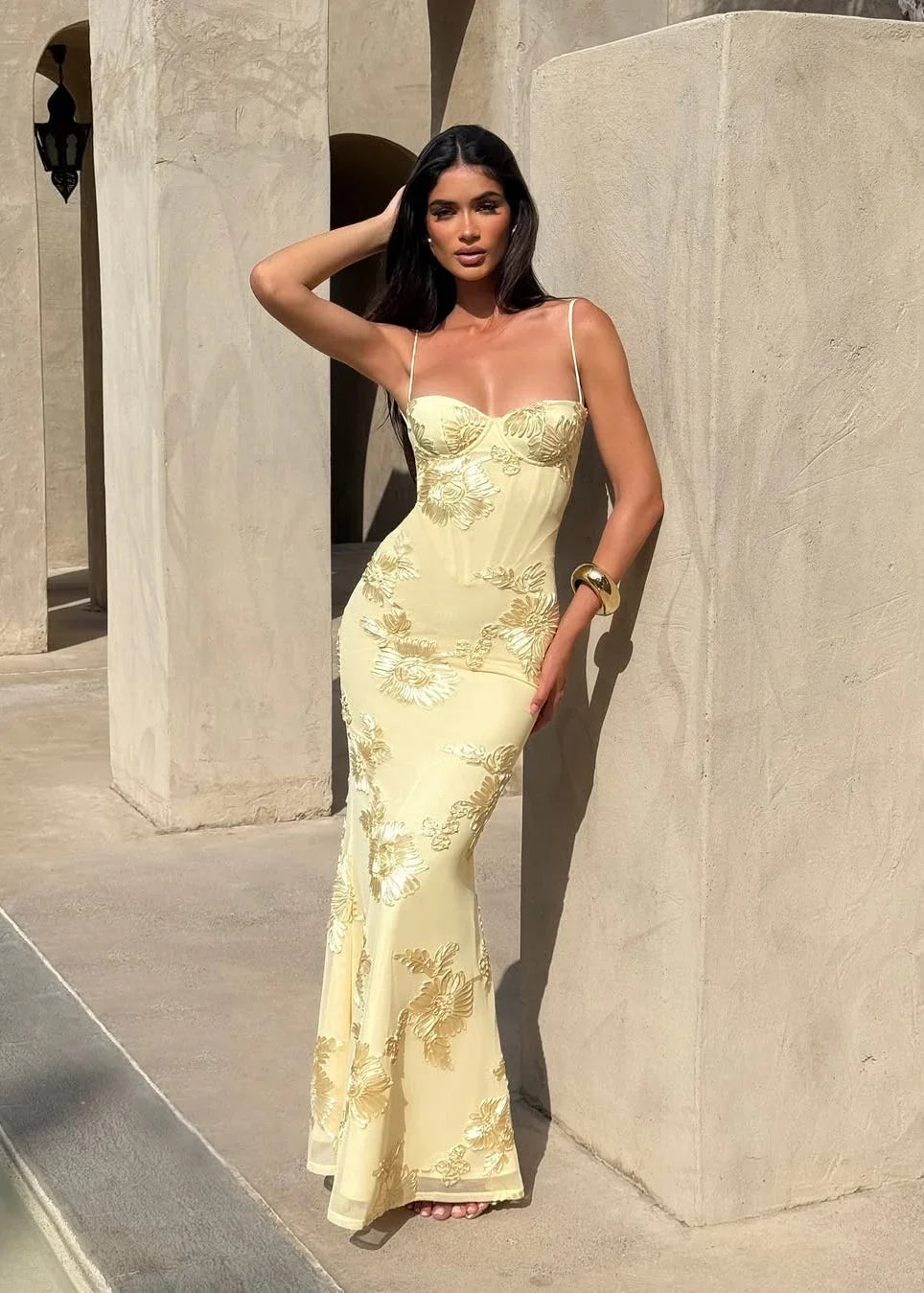 Frieda – Elegant Yellow Embroidery Evening Dress - Image 2