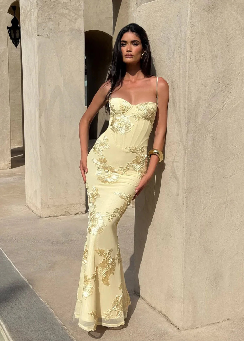 Frieda – Elegant Yellow Embroidery Evening Dress - Image 3