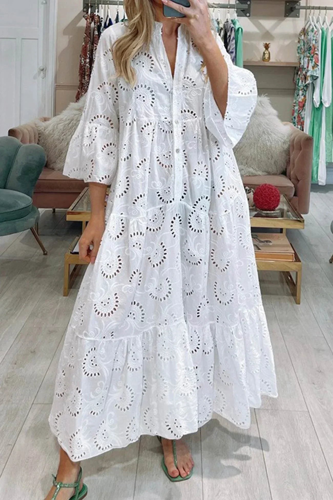 Helga – Elegant 3/4 sleeves and a V-neck Dress - Image 1
