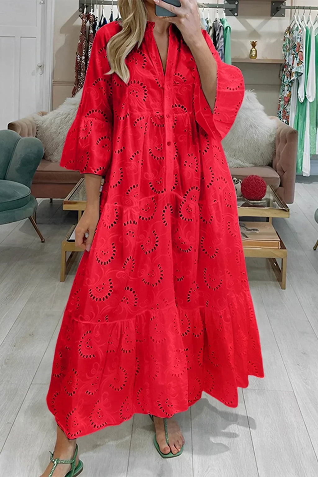 Helga – Elegant 3/4 sleeves and a V-neck Dress - Image 2