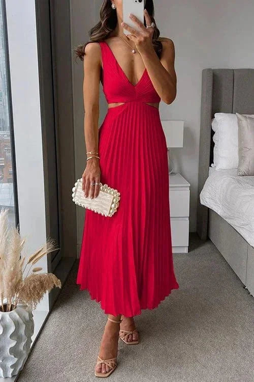 Karin – Pleated  V-neck Sleeveless Dress - Image 1
