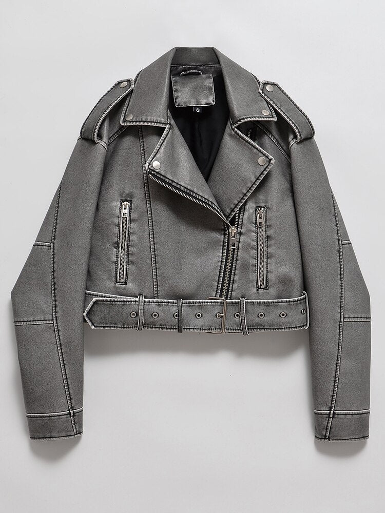 Short women's motorcycle jacket with a belt at the waist - 1 - Elvaroza.com