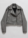 Short women's motorcycle jacket with a belt at the waist - 1 - Elvaroza.com