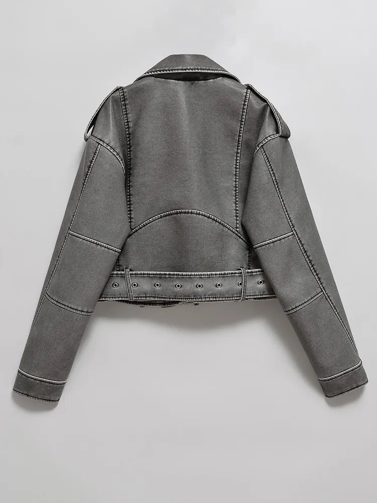 Short women's motorcycle jacket with a belt at the waist - 2 - Elvaroza.com