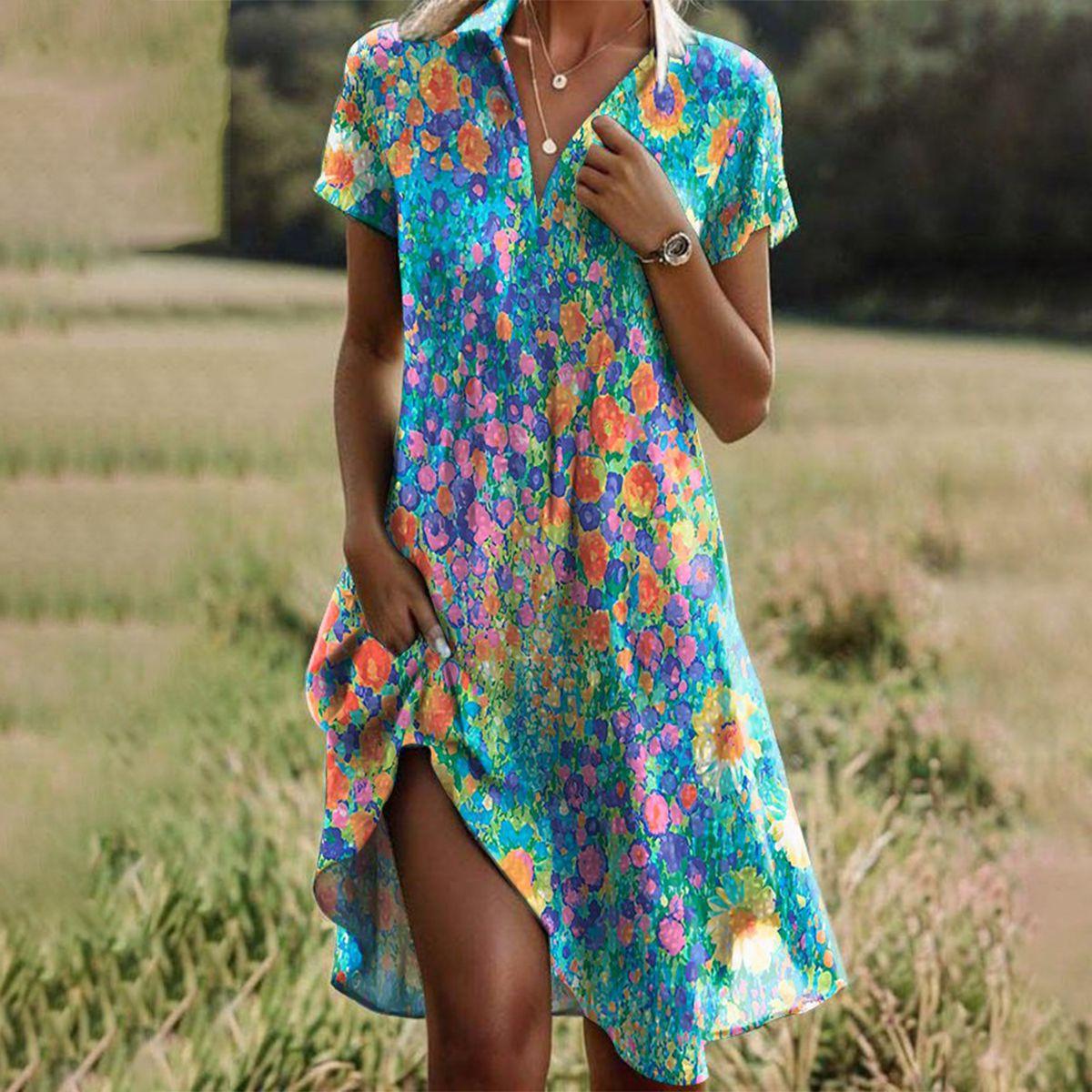 Summer Dress Women Floral Print Short Sleeve Vibrant Colors with Side Slit - Image 1