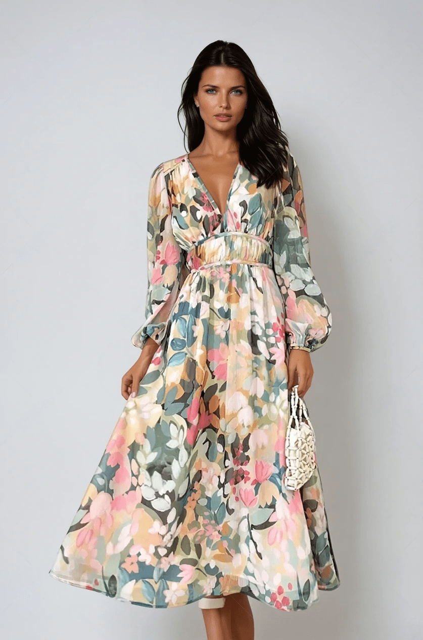 Andrea – Women Print V-Neck Long Sleeve Dress - Image 1
