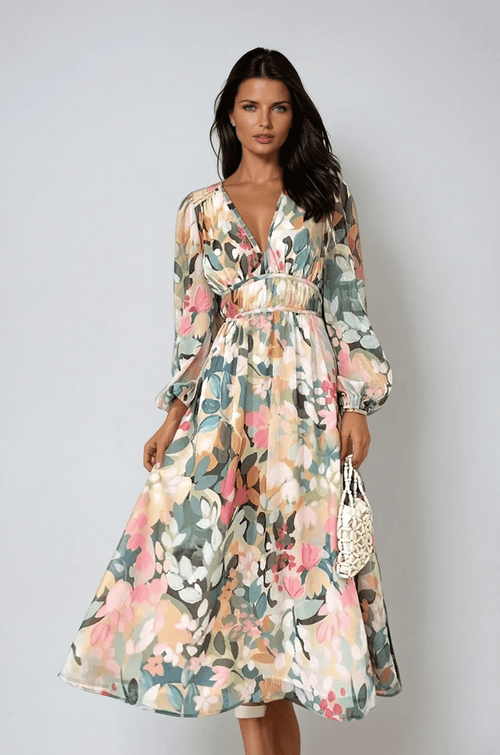 Andrea – Women Print V-Neck Long Sleeve Dress - Image 1