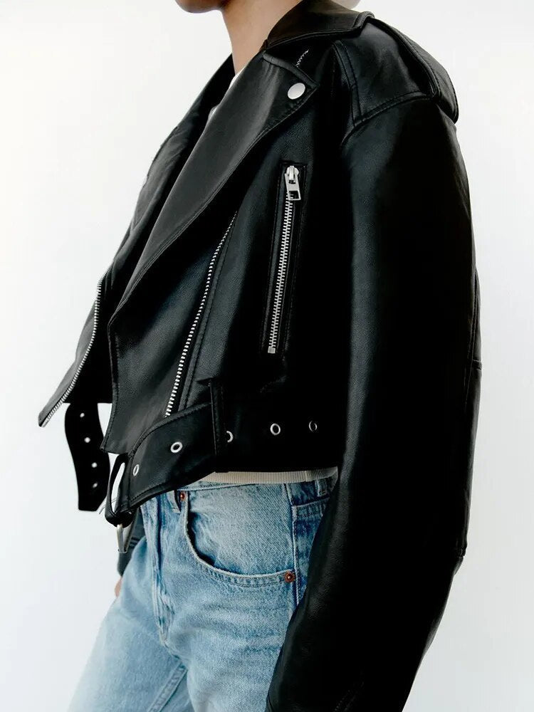 Women's cropped biker jacket with a belt at the waist - J&B; - 1 - Elvaroza.com
