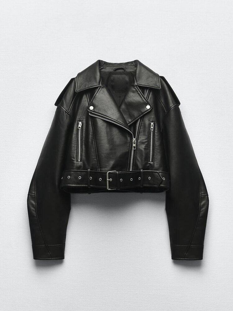 Women's cropped biker jacket with a belt at the waist - J&B; - 2 - Elvaroza.com