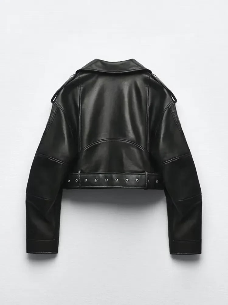 Women's cropped biker jacket with a belt at the waist - J&B; - 3 - Elvaroza.com