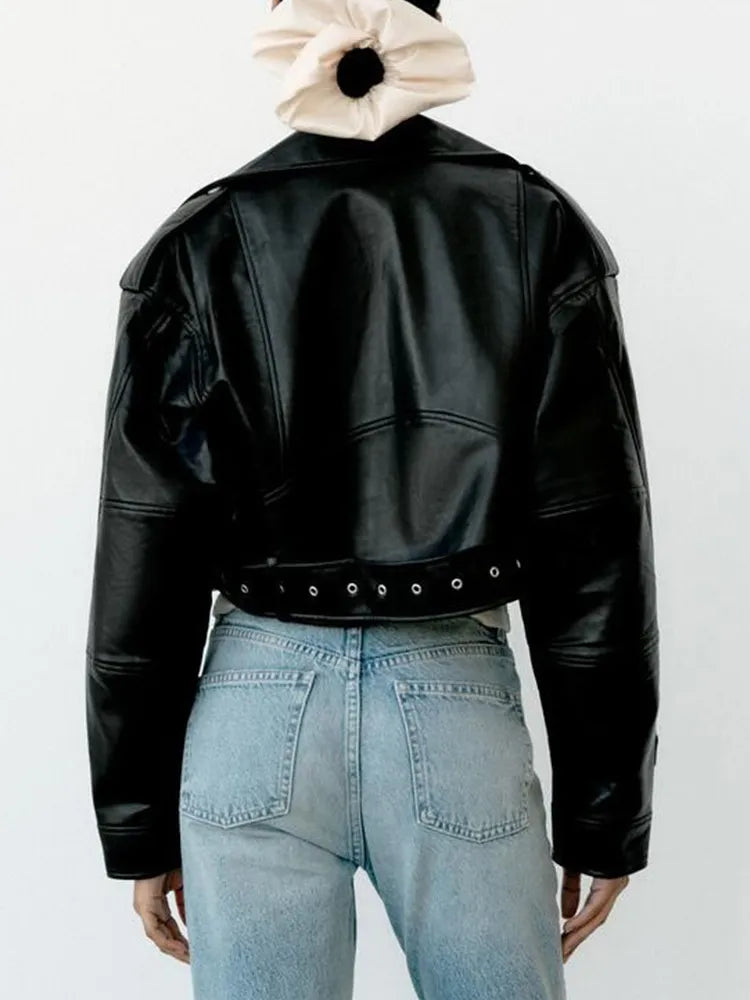 Women's cropped biker jacket with a belt at the waist - J&B; - 4 - Elvaroza.com