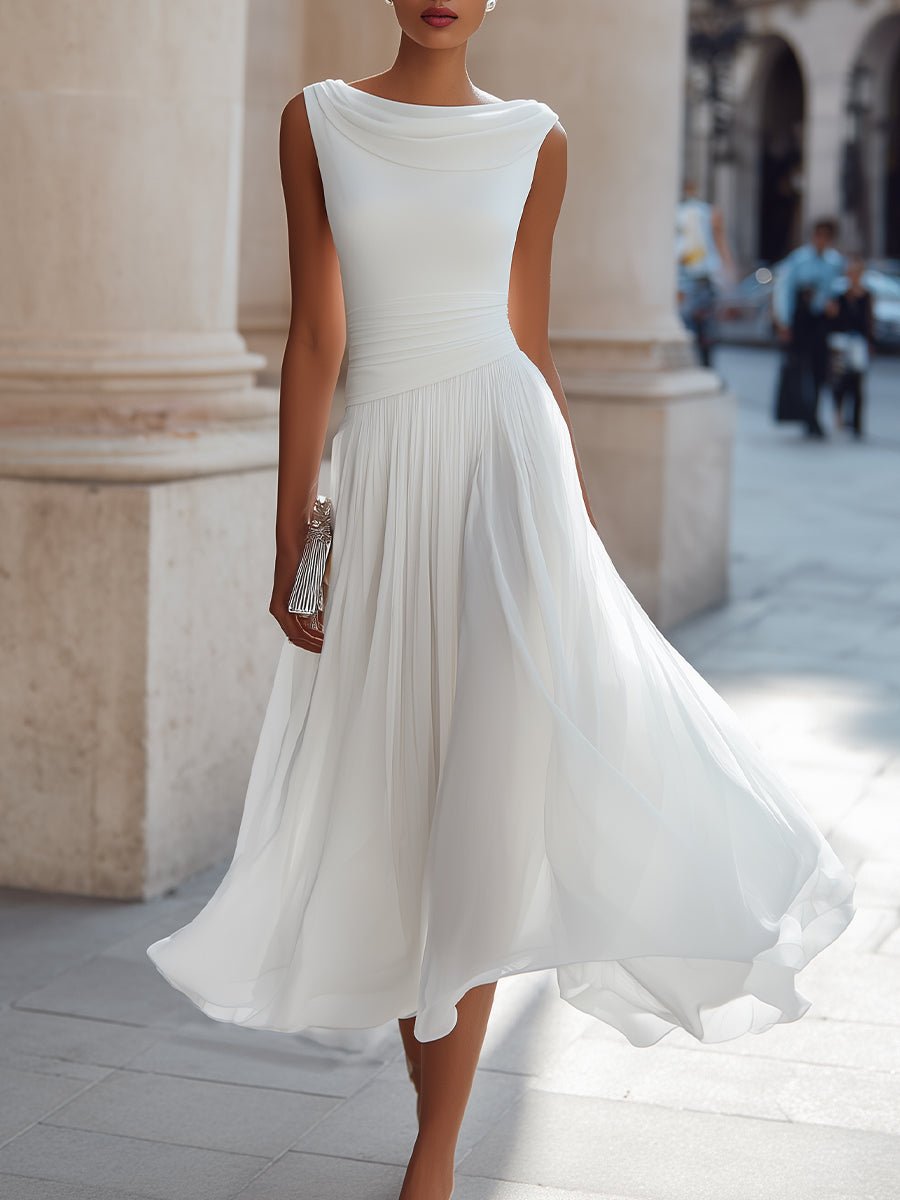 Midi Dress Women's Elegant Pleated Style with Cowl Neckline - Image 1