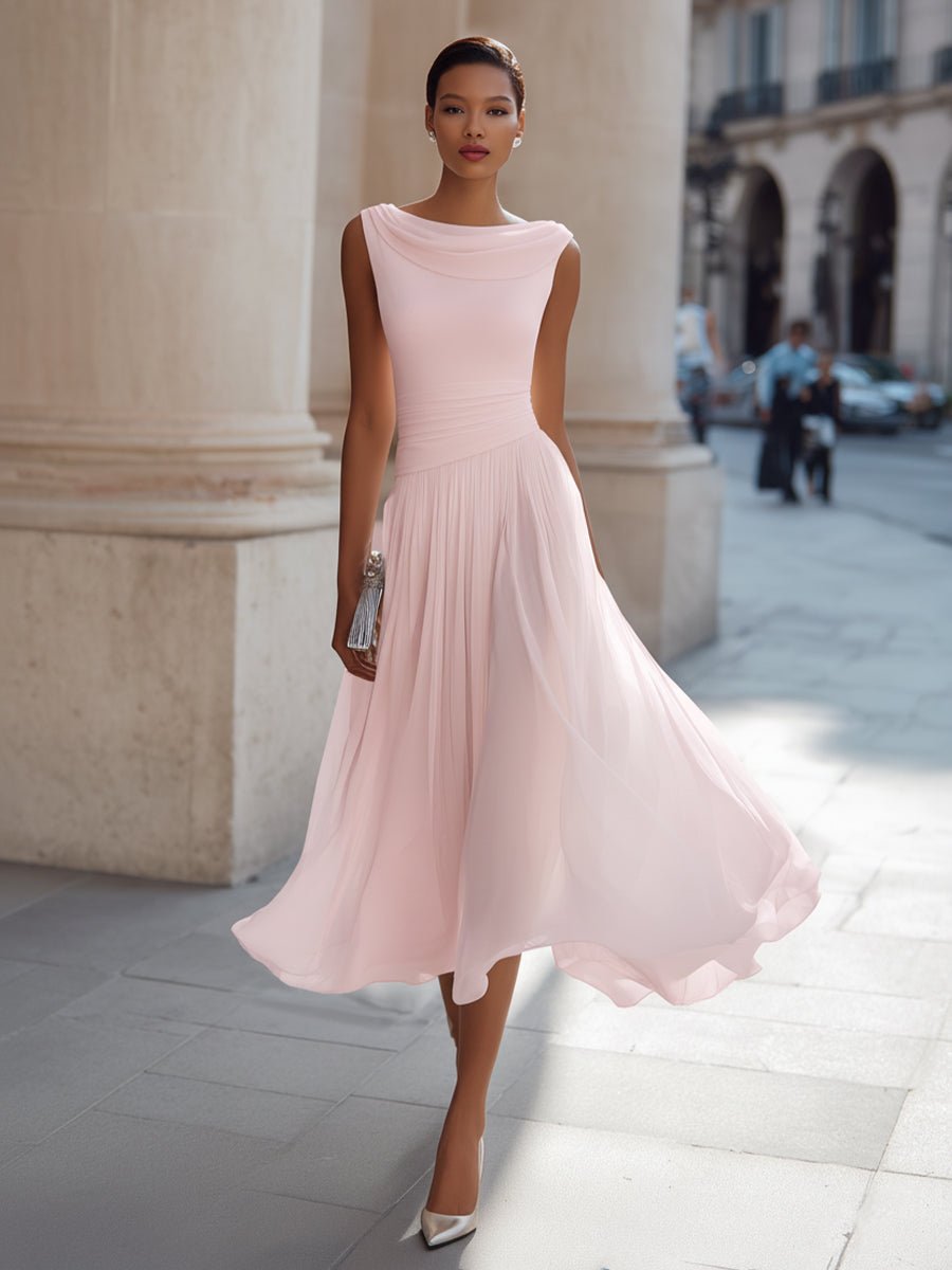 Midi Dress Women's Elegant Pleated Style with Cowl Neckline - Image 4